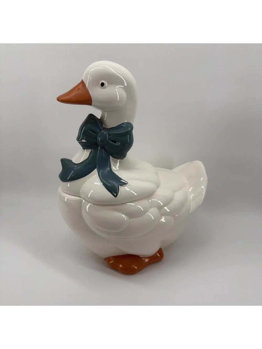 VTG Mother Goose Ceramic Cookie Jar Blue Ribbon Bow Orange Feet Cottagecore